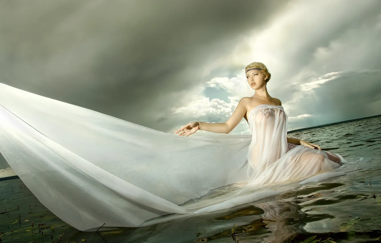 Photo wallpaper lake, cloudy sky, the girl in the water, translucent white dress