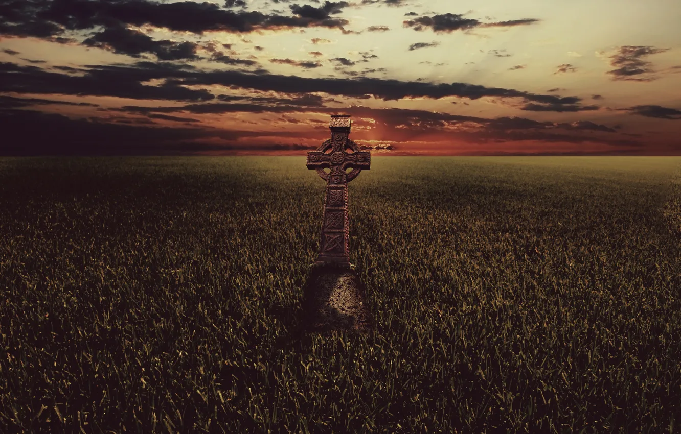 Photo wallpaper field, grass, cross, celtic cross, Celtic cross