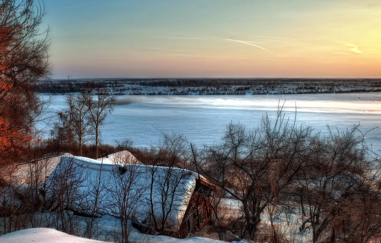 Photo wallpaper winter, roof, landscape, sunset, house, river