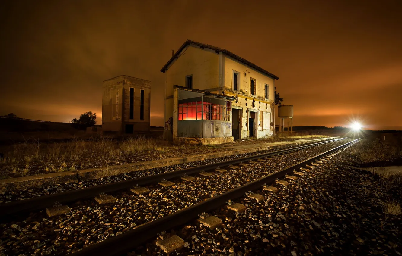 Photo wallpaper night, station, railroad