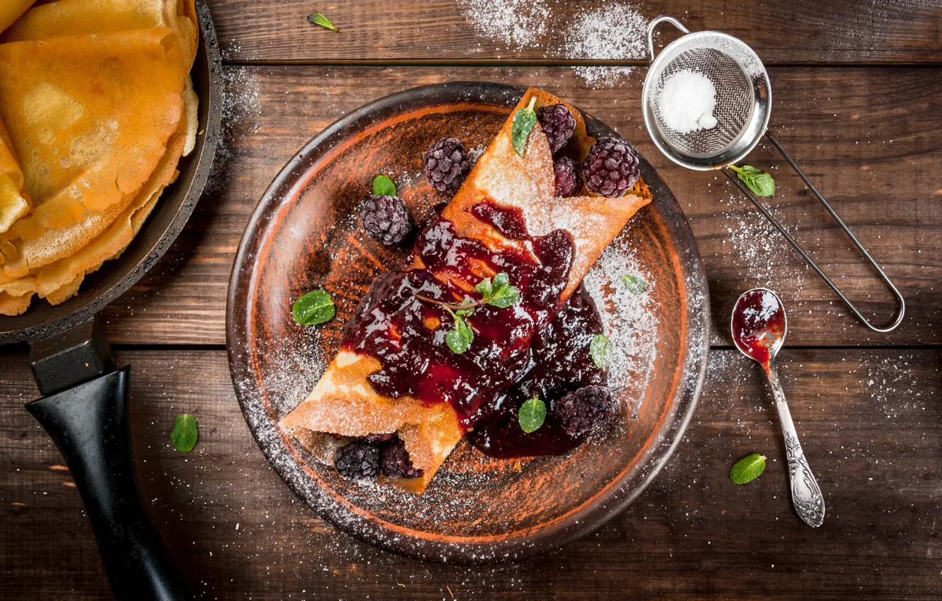 Photo wallpaper berries, pancakes, jam, powdered sugar