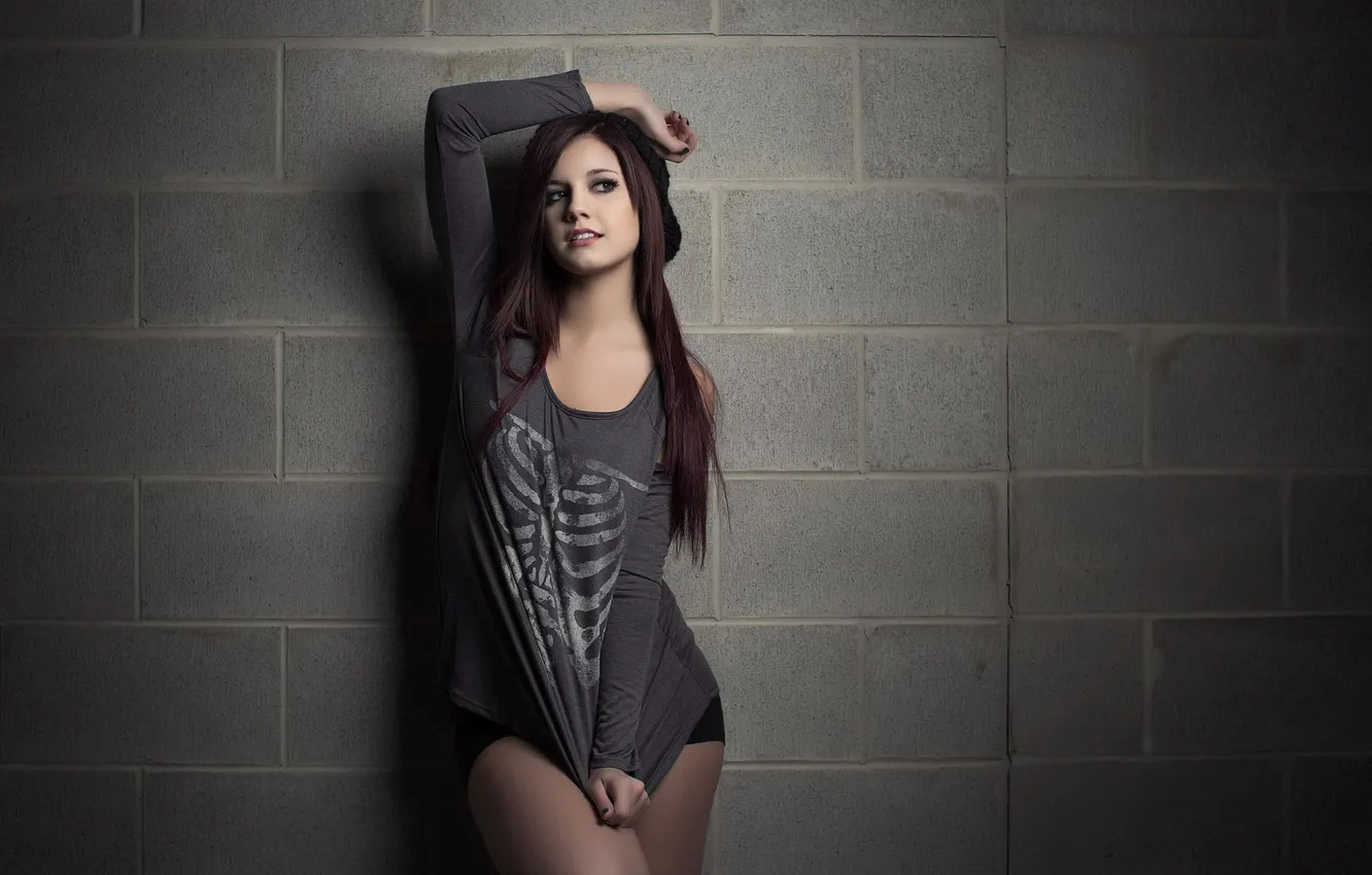 Photo wallpaper wall, shorts, bricks, model, women, redhead, brunette, t-shirt