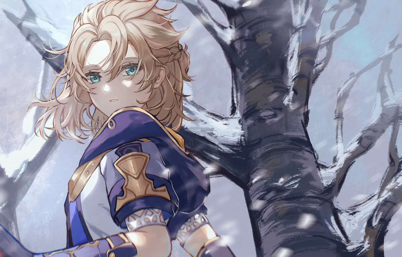 Photo wallpaper snow, trees, guy, albedo, Genshin Impact, cocona w