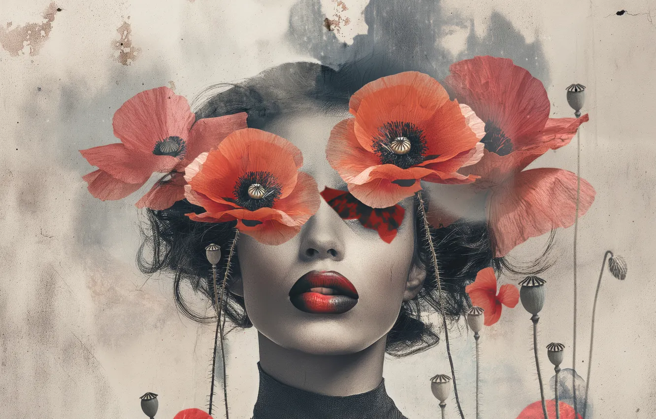 Photo wallpaper girl, flowers, red, Maki, lips, grey background, composition, AI art