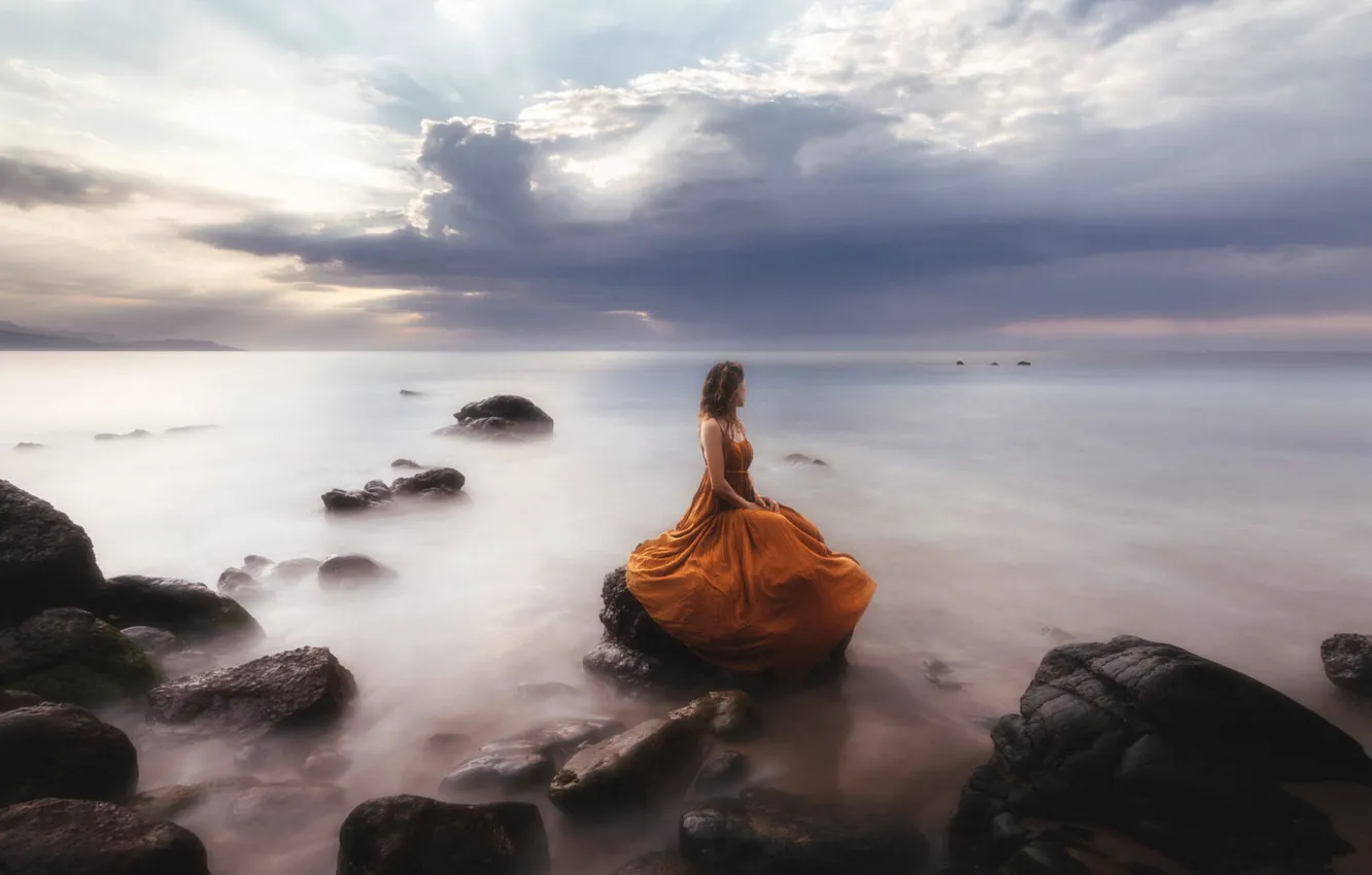 Photo wallpaper the sky, girl, landscape, nature, romance, dal, dress, long hair