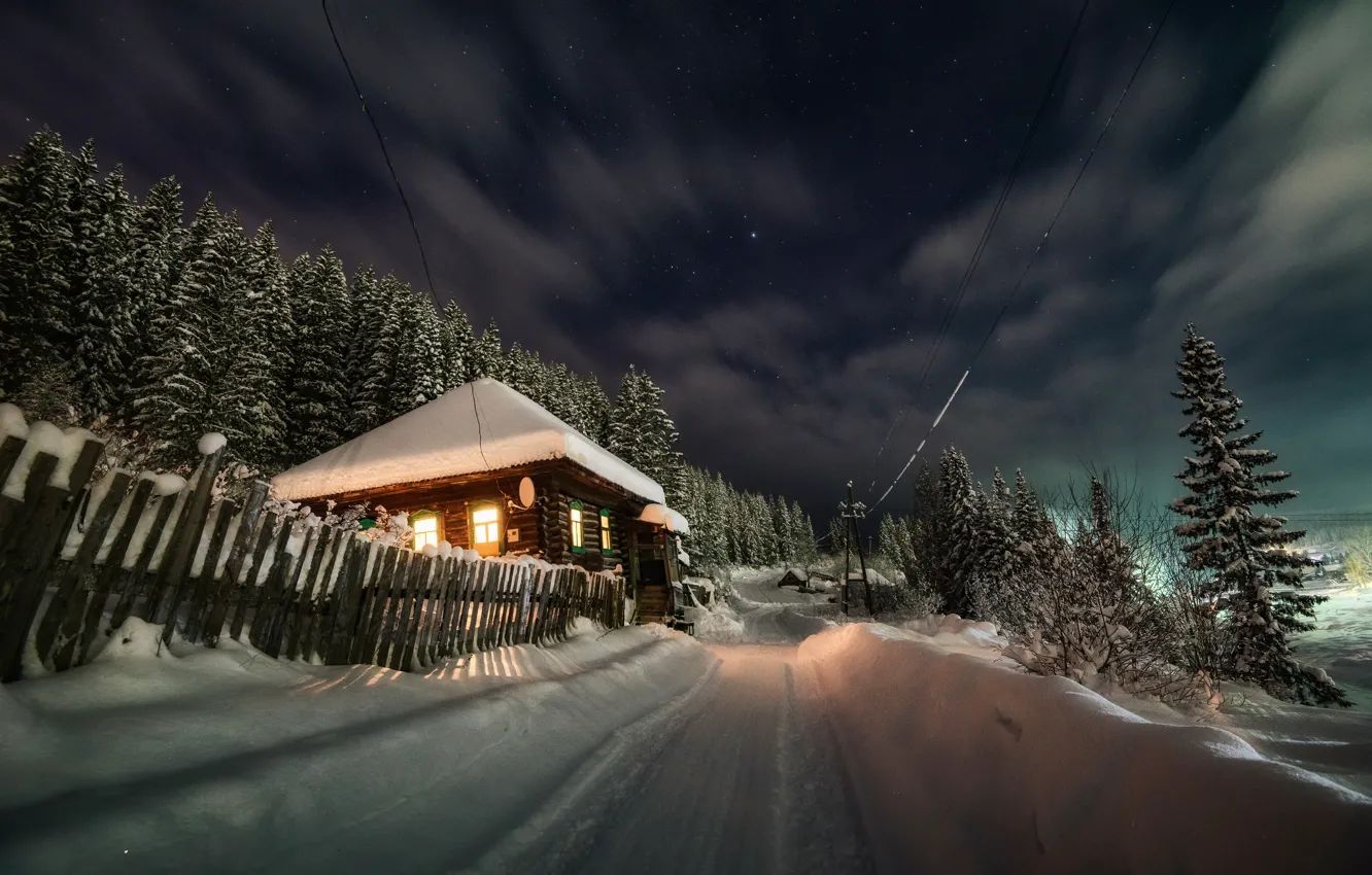 Photo wallpaper winter, road, forest, snow, landscape, night, house, the fence