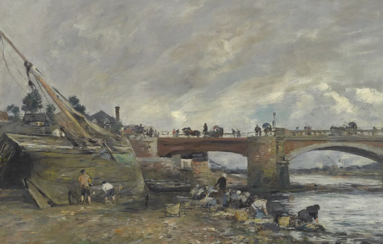 Photo wallpaper landscape, river, boat, picture, Eugene Boudin, Eugene Boudin, Laundresses near the Bridge