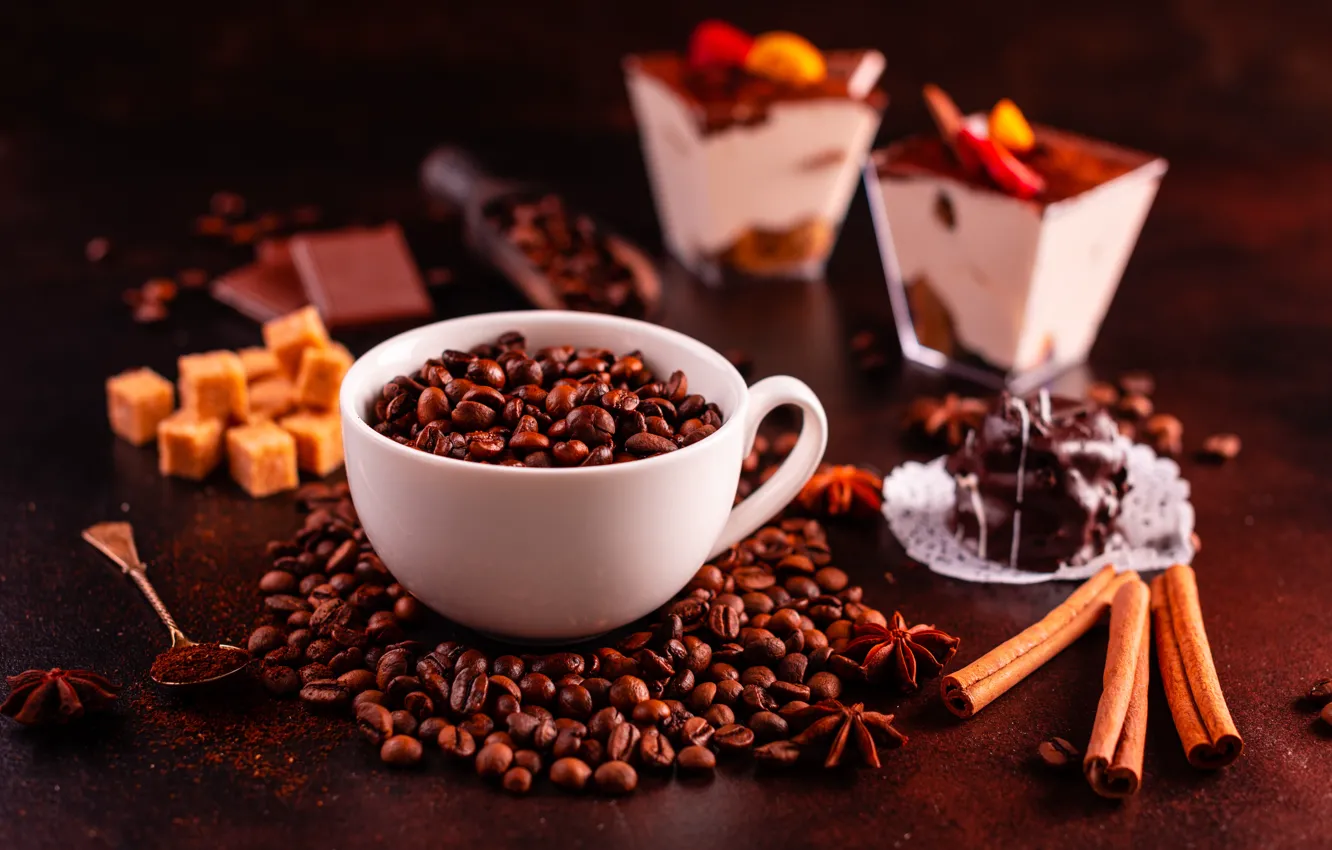 Photo wallpaper coffee, candy, Cup, cinnamon, dessert, coffee beans, chocolate, spices