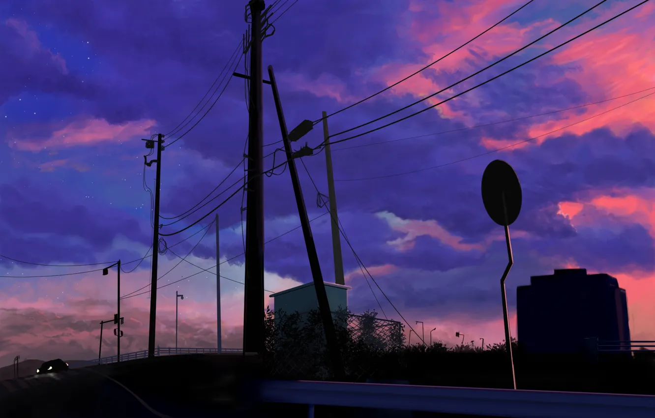 Photo wallpaper auto, road, twilight, power lines, Magnet