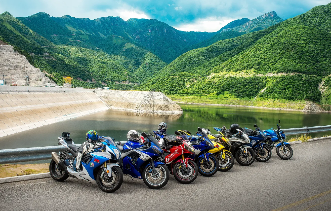 Photo wallpaper road, mountains, nature, motorcycles, pond, stories