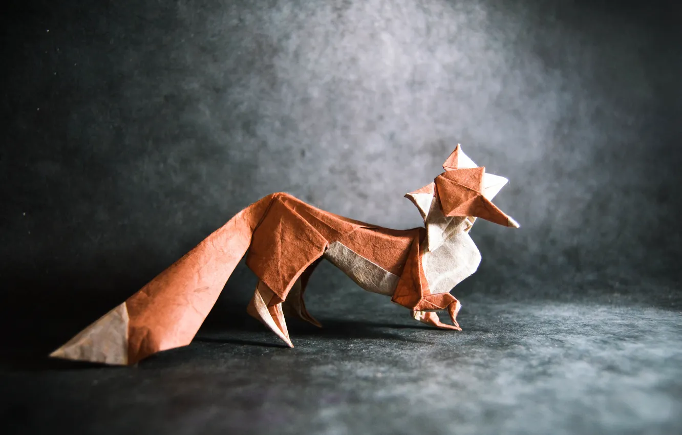 Photo wallpaper grey, Fox, tail, fox, origami, tail, origami, gray