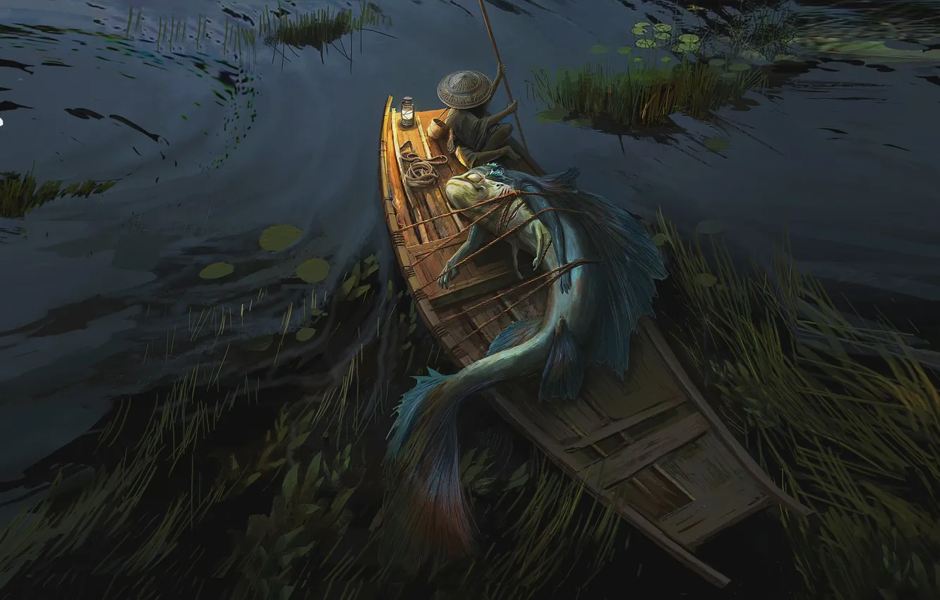 Photo wallpaper boat, fish, fisherman, being, catch