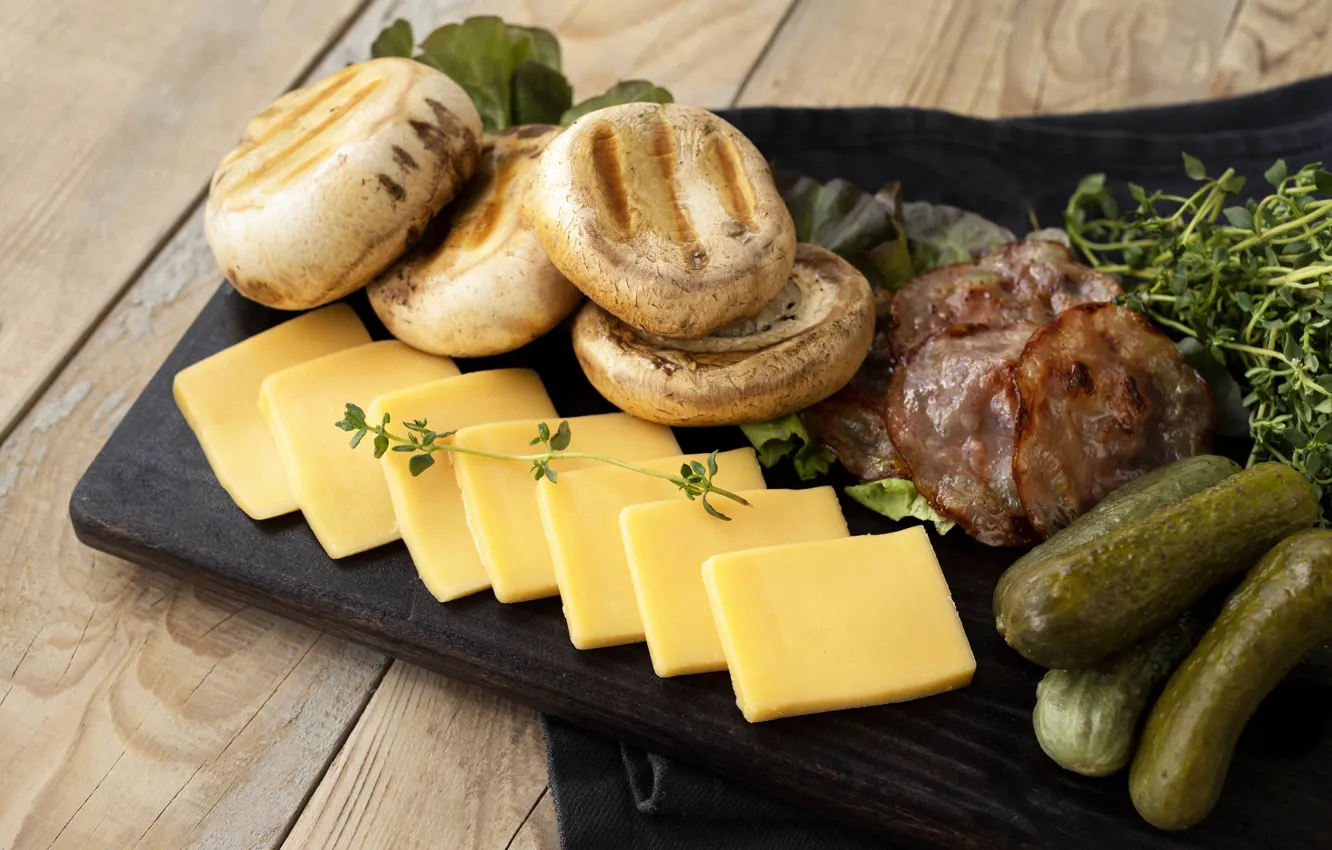 Photo wallpaper greens, mushrooms, Board, food, cheese, meat, slices, cutting