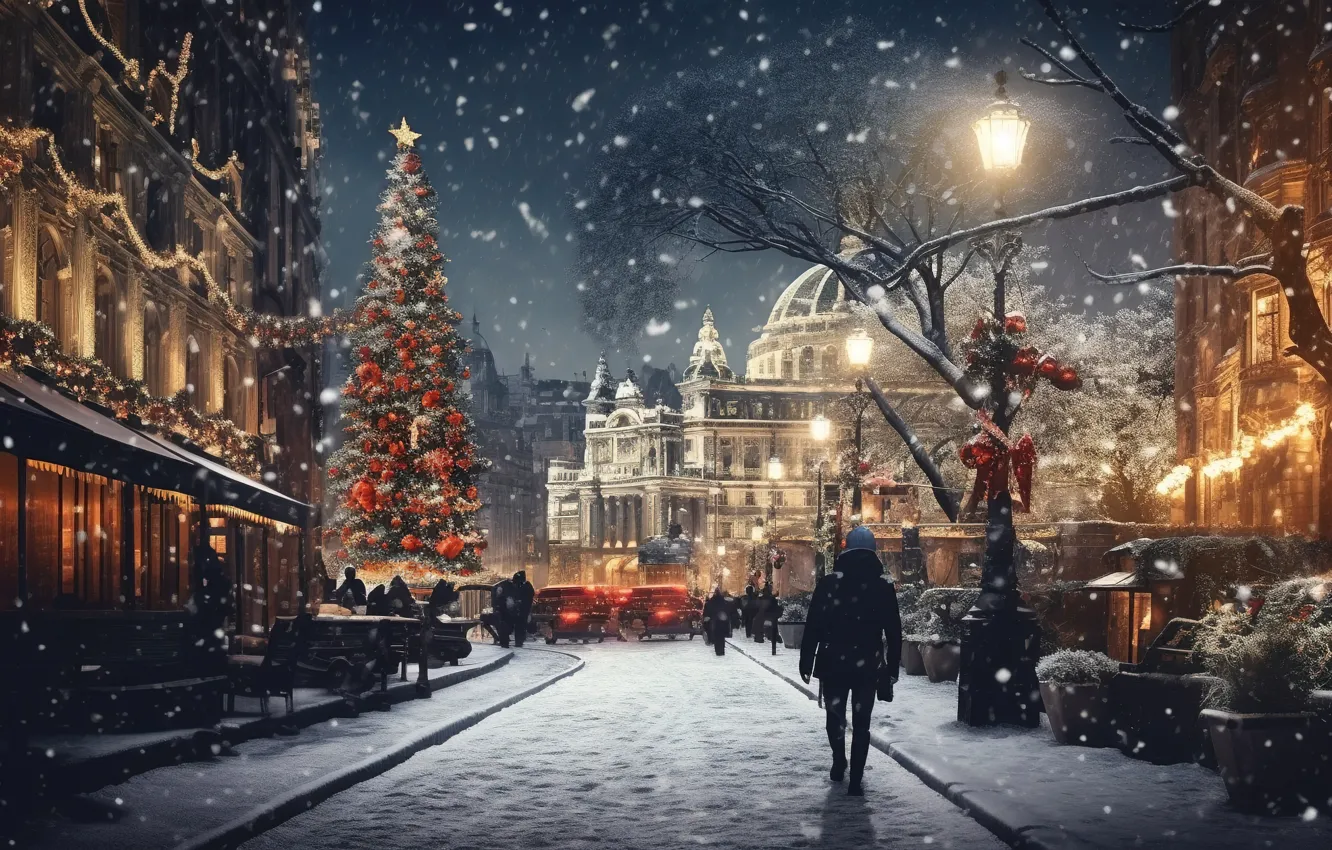 Photo wallpaper winter, snow, decoration, night, the city, lights, balls, street