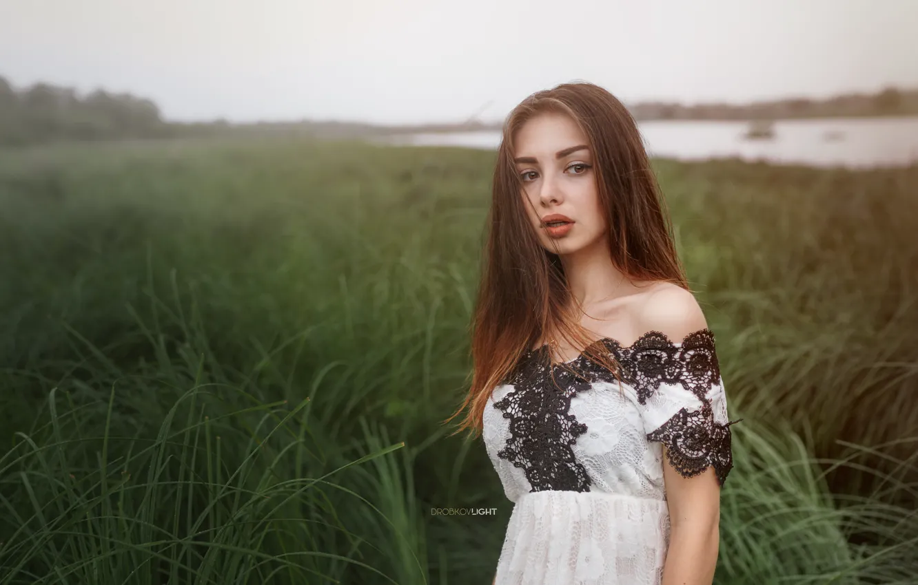 Photo wallpaper grass, look, girl, hair, dress, neckline, Alexander Drobkov-Light, Sue Tikhonova