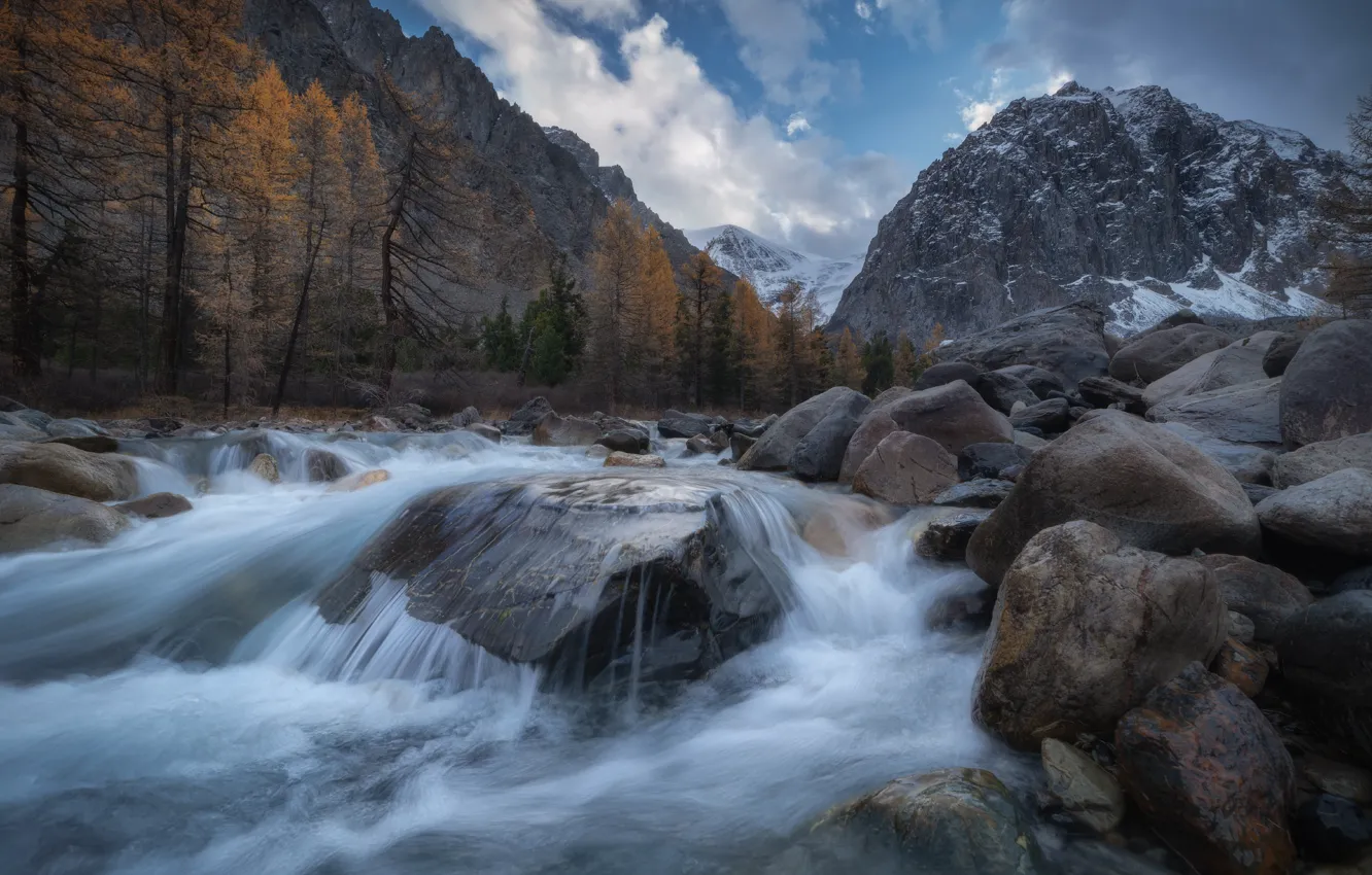 Photo wallpaper autumn, landscape, mountains, nature, river, stones, valley, glacier