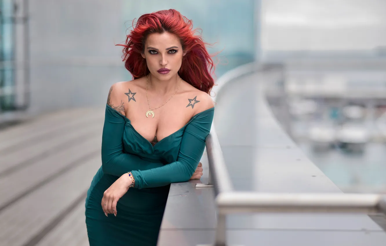 Photo wallpaper chest, look, girl, stars, pose, dress, tattoo, neckline