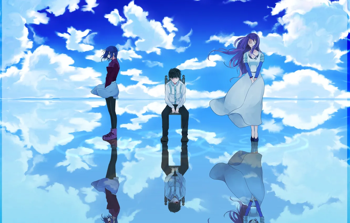 Photo wallpaper the sky, water, clouds, reflection, girls, anime, art, guy