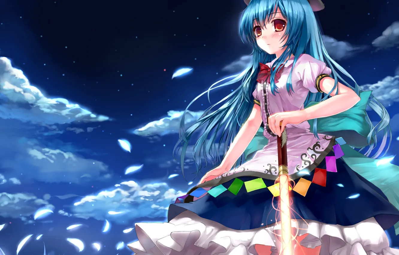Photo wallpaper field, look, girl, night, weapons, sword, the full moon, touhou
