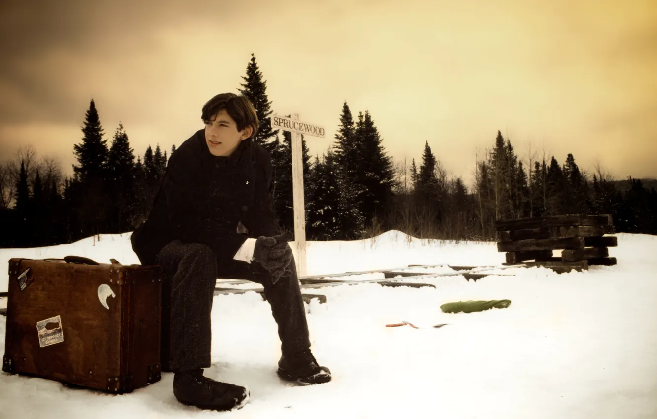 Photo wallpaper winter, boy, Adventure, On the Road, rainy, travelling