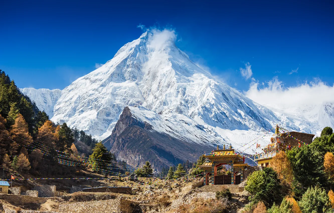 Photo wallpaper clouds, mountains, gate, temple, flags
