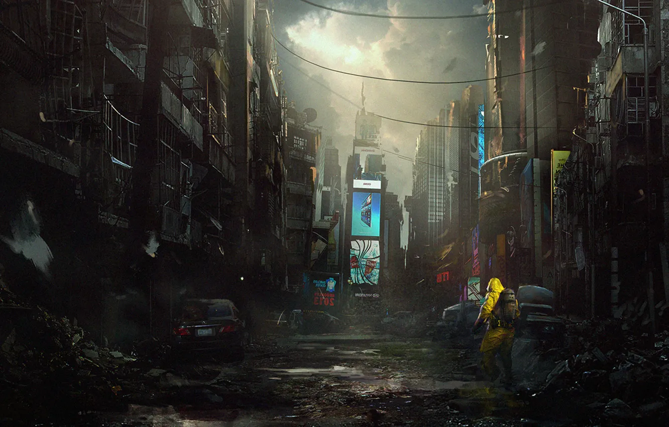Photo wallpaper light, the city, Apocalypse, people, costume, destruction, art, the end