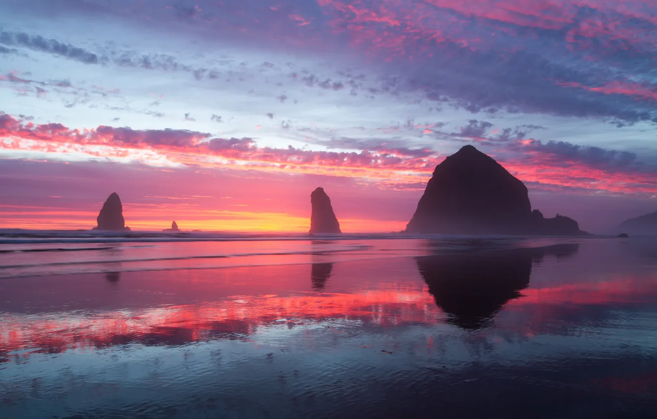 Photo wallpaper beach, sunset, the ocean, rocks, shore