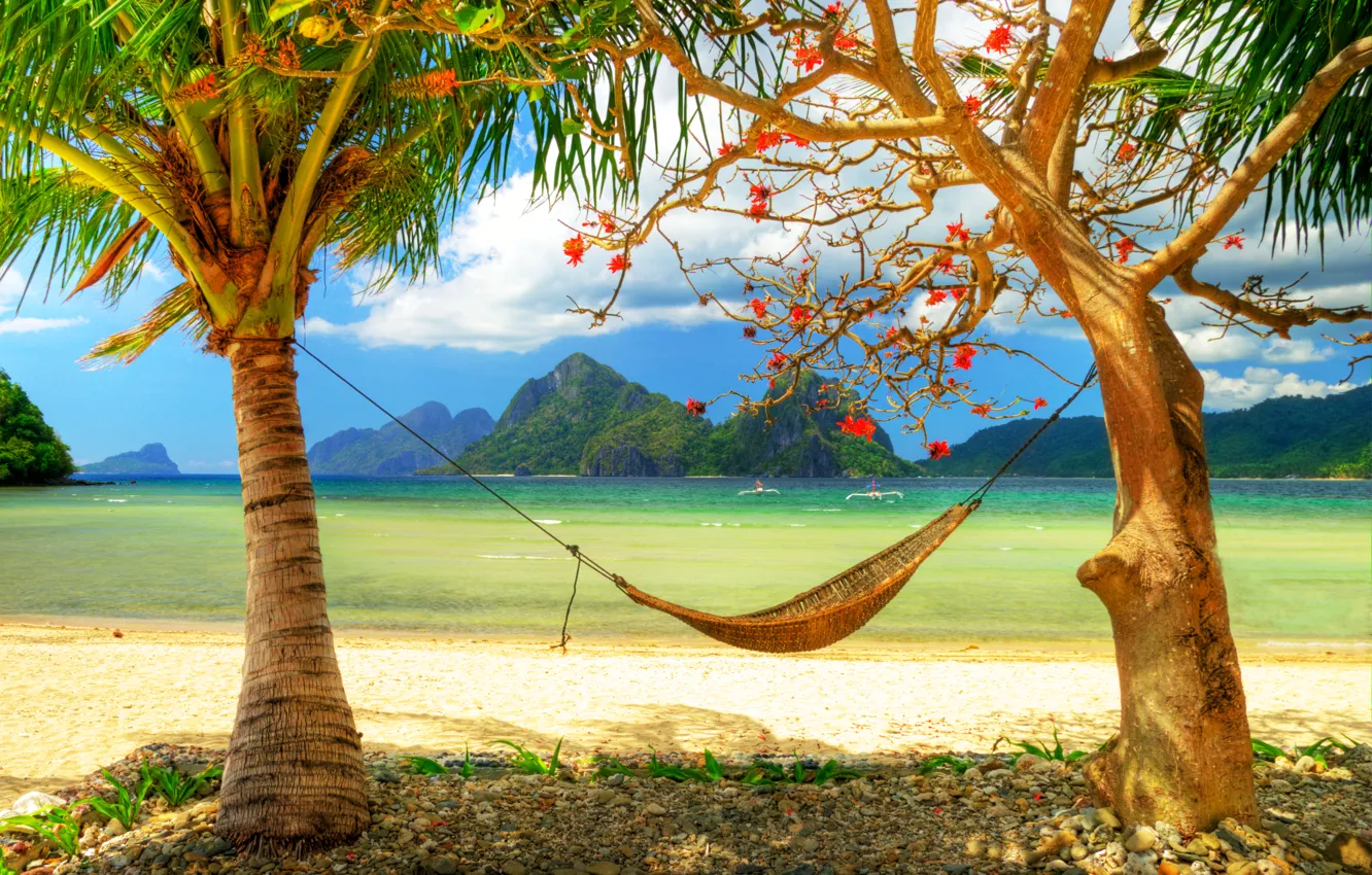 Photo wallpaper sand, beach, mountains, palm trees, the ocean, shore, boats, horizon