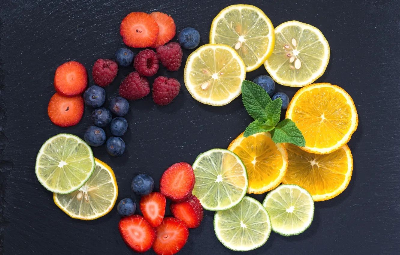 Photo wallpaper berries, raspberry, lemon, orange, strawberry, fruit, citrus, mint