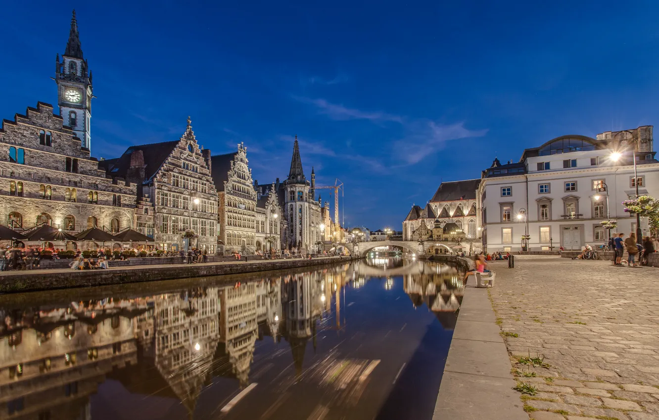 Photo wallpaper bridge, lights, river, home, the evening, Belgium, Ghent