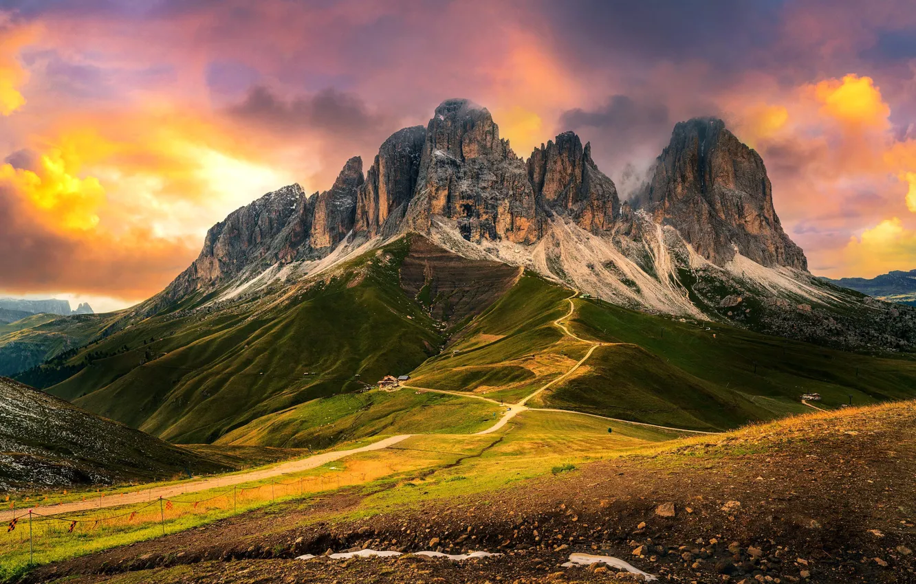 Photo wallpaper road, sunset, mountains, slope