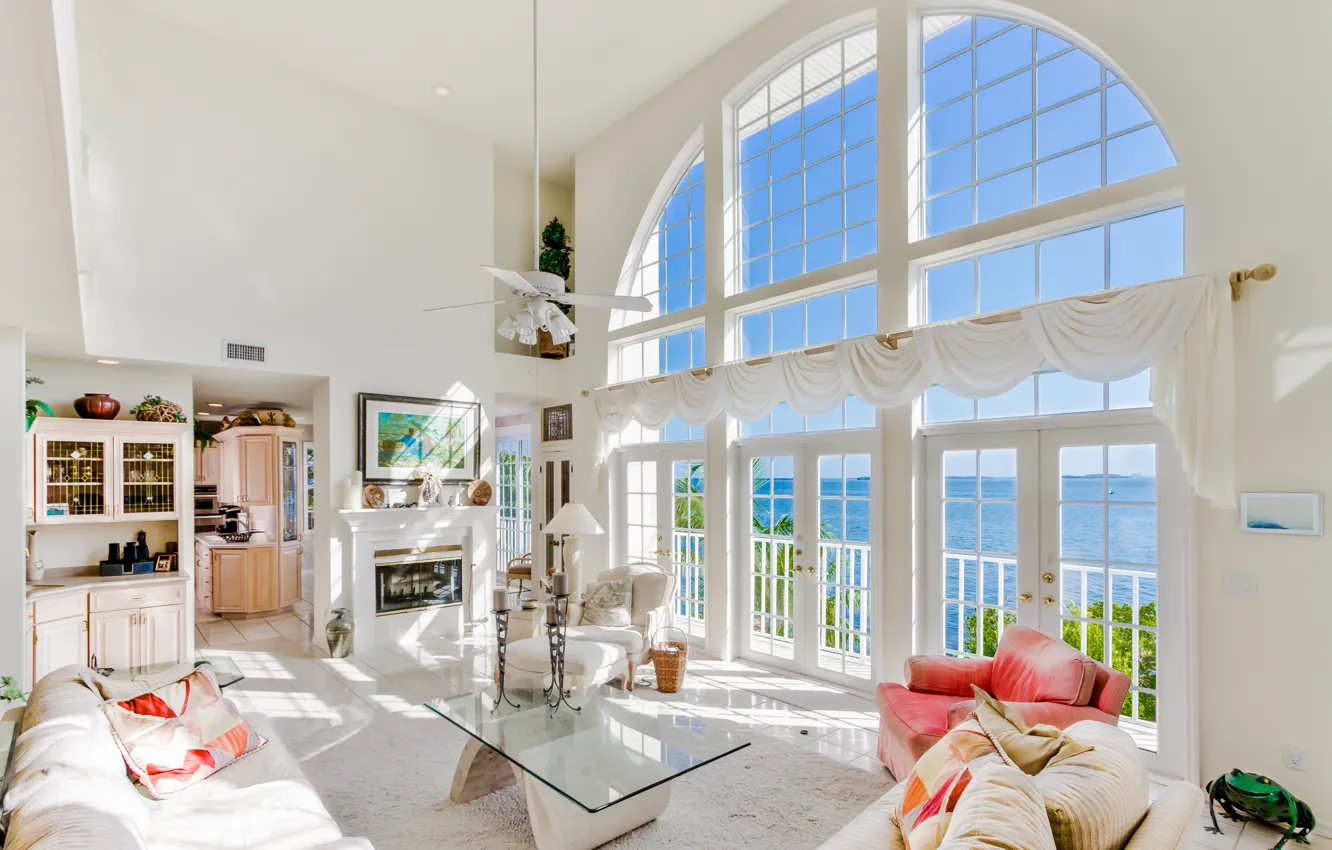 Photo wallpaper sea, white, design, style, sofa, chair, window, luxury