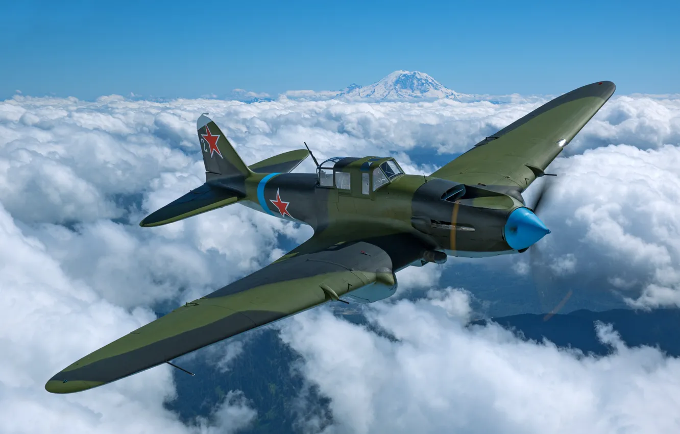 Photo wallpaper Clouds, The plane, The Second World War, Il-2, Attack, Il-2M3, THE RED ARMY AIR FORCE