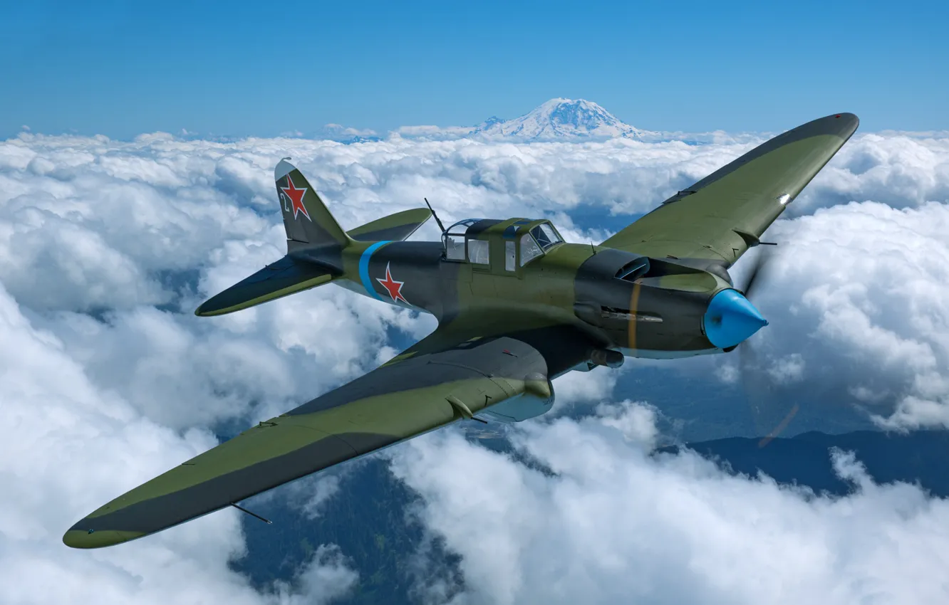Photo wallpaper clouds, attack, the plane, The second World war, Il-2, Il-2M3, THE RED ARMY AIR FORCE