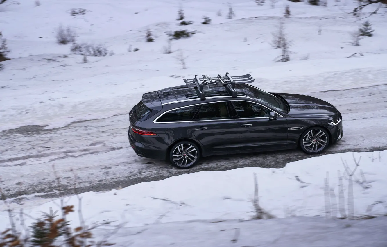Photo wallpaper winter, road, snow, Jaguar, side view, universal, Jaguar XF, 2020