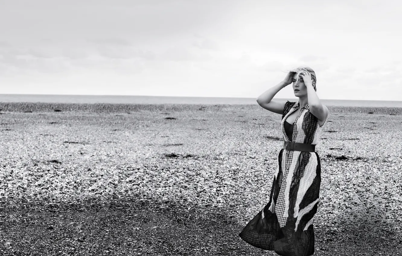 Photo wallpaper sea, the sky, makeup, figure, dress, actress, horizon, hairstyle