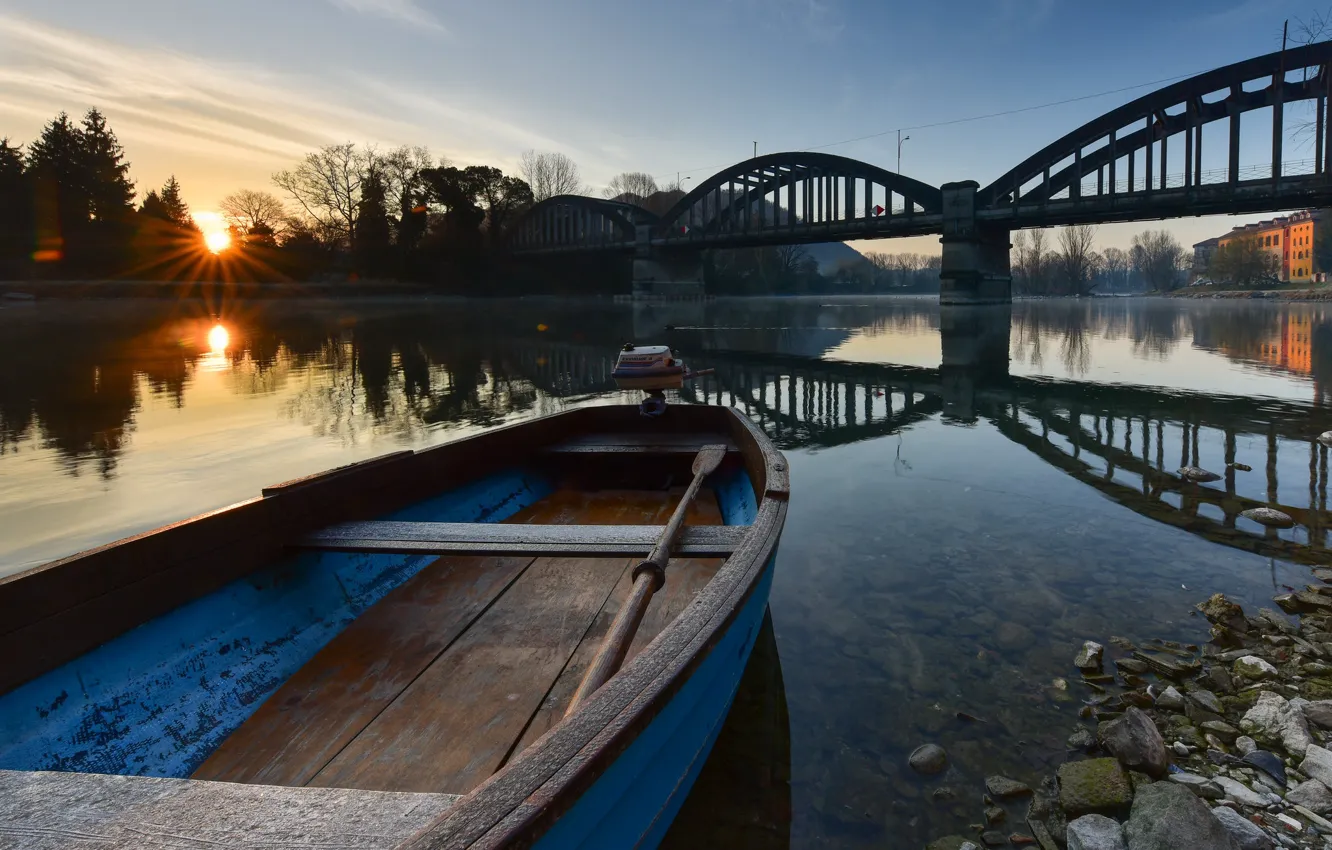 Photo wallpaper bridge, river, boat, morning