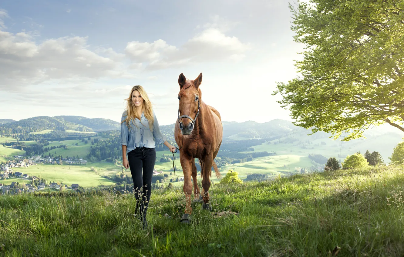 Photo wallpaper Girl, Horse, Grass, Animals