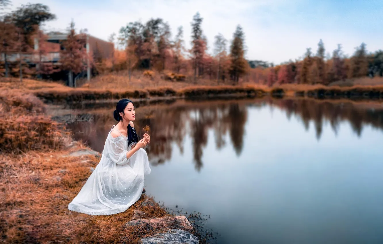 Photo wallpaper autumn, forest, trees, nature, pose, lake, model, portrait