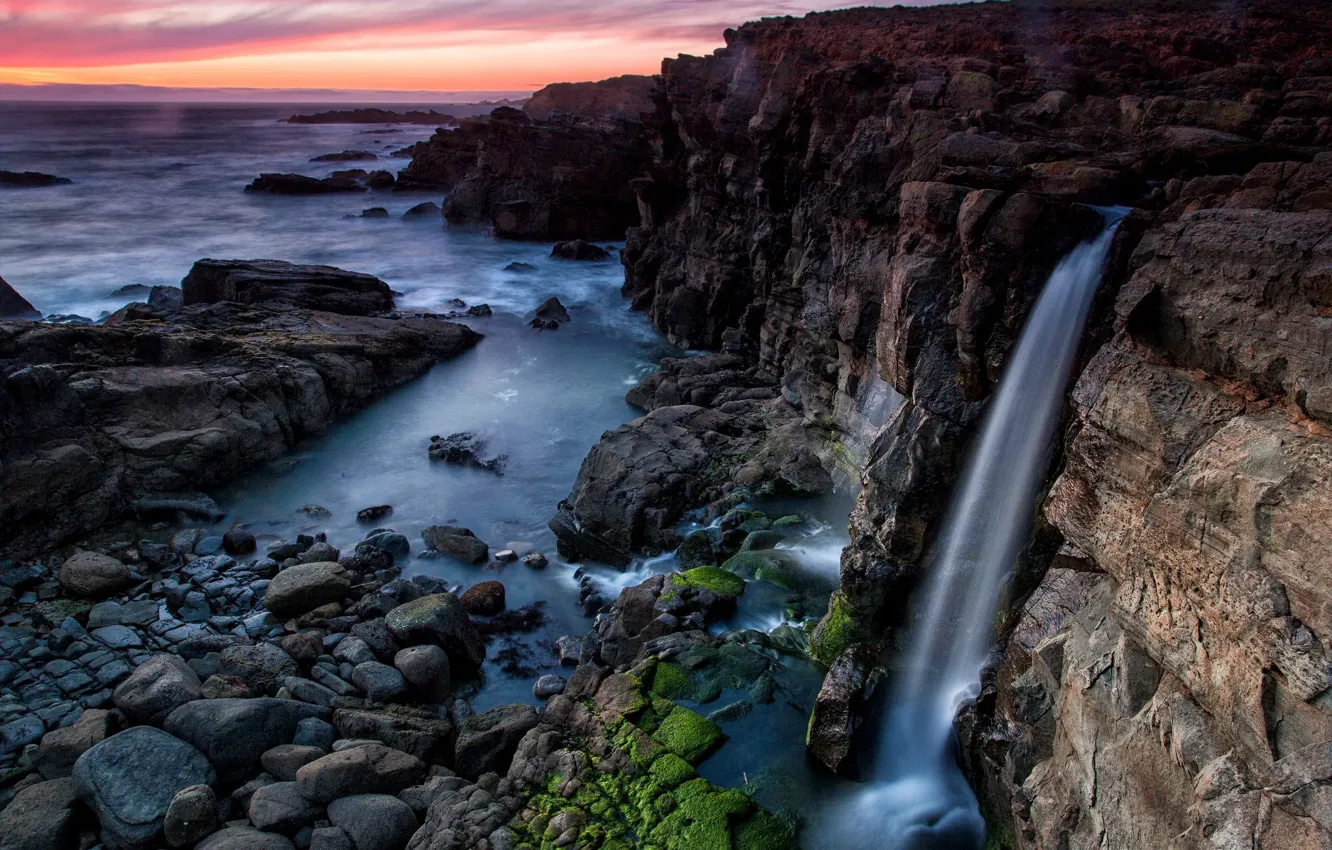 Photo wallpaper sea, sunset, waterfall