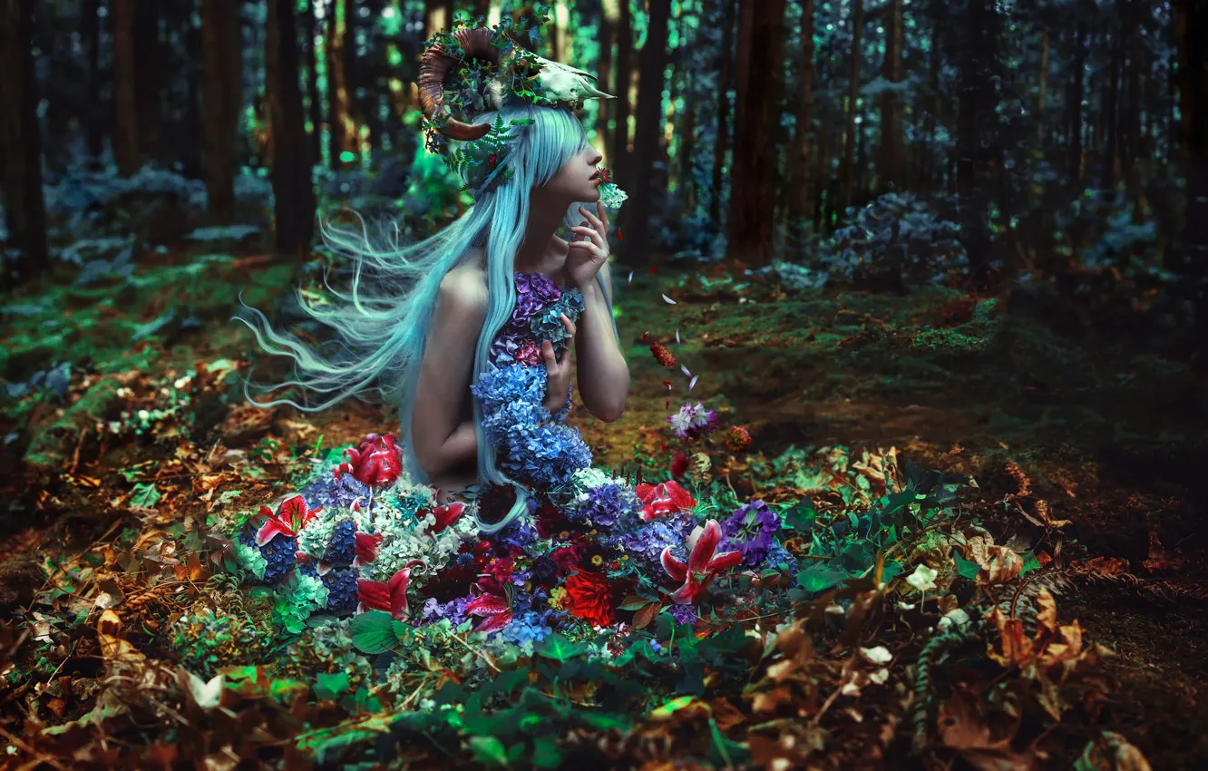 Photo wallpaper forest, girl, flowers, Kindra Nikole, Of Withering Abundance