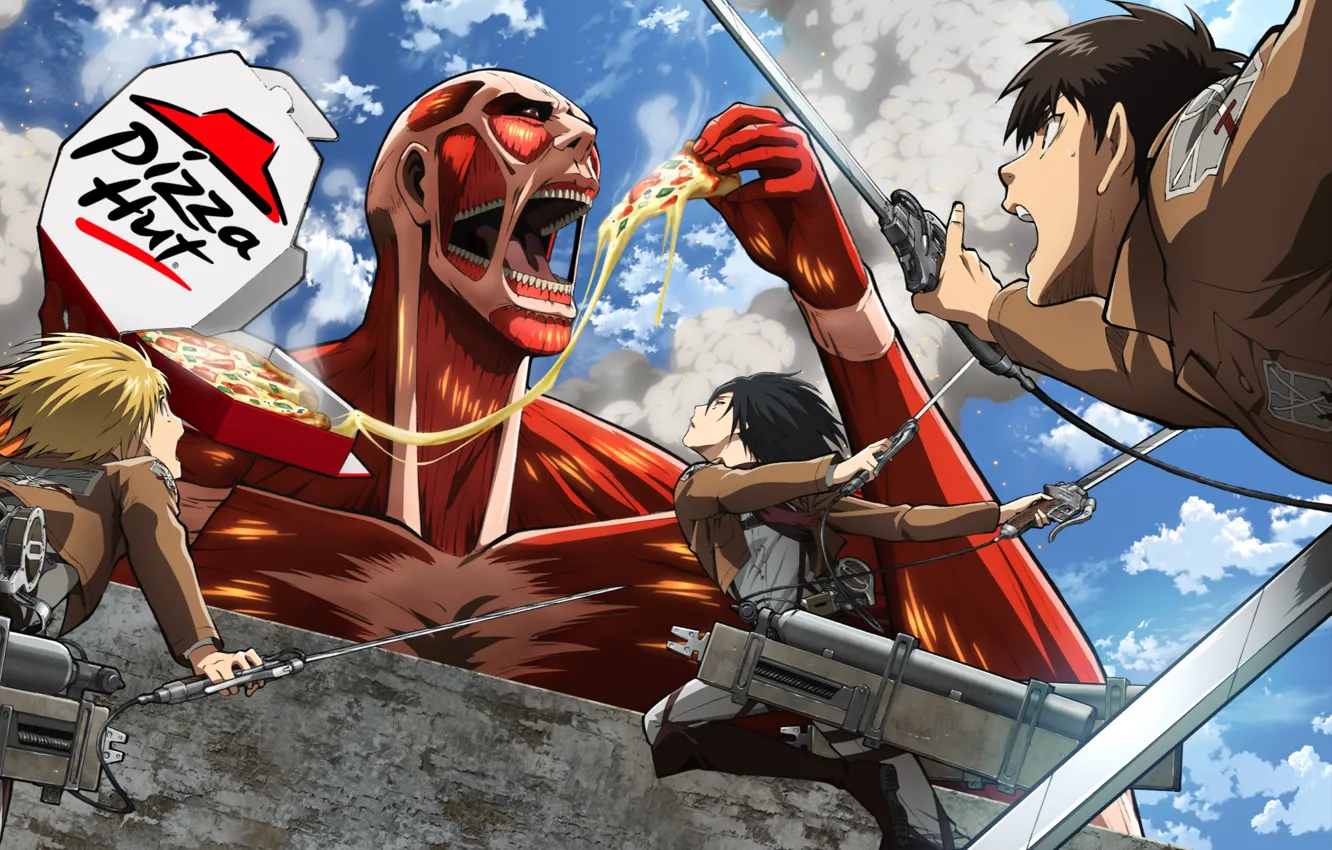 Photo wallpaper girl, wall, form, guy, pizza, Titan, Attack on Titan, Shingeki no Kyojin