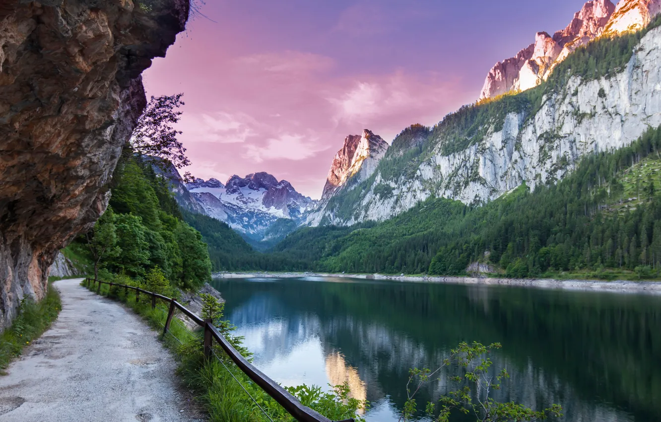 Photo wallpaper landscape, mountains, nature, lake, morning, Austria, Alps, track
