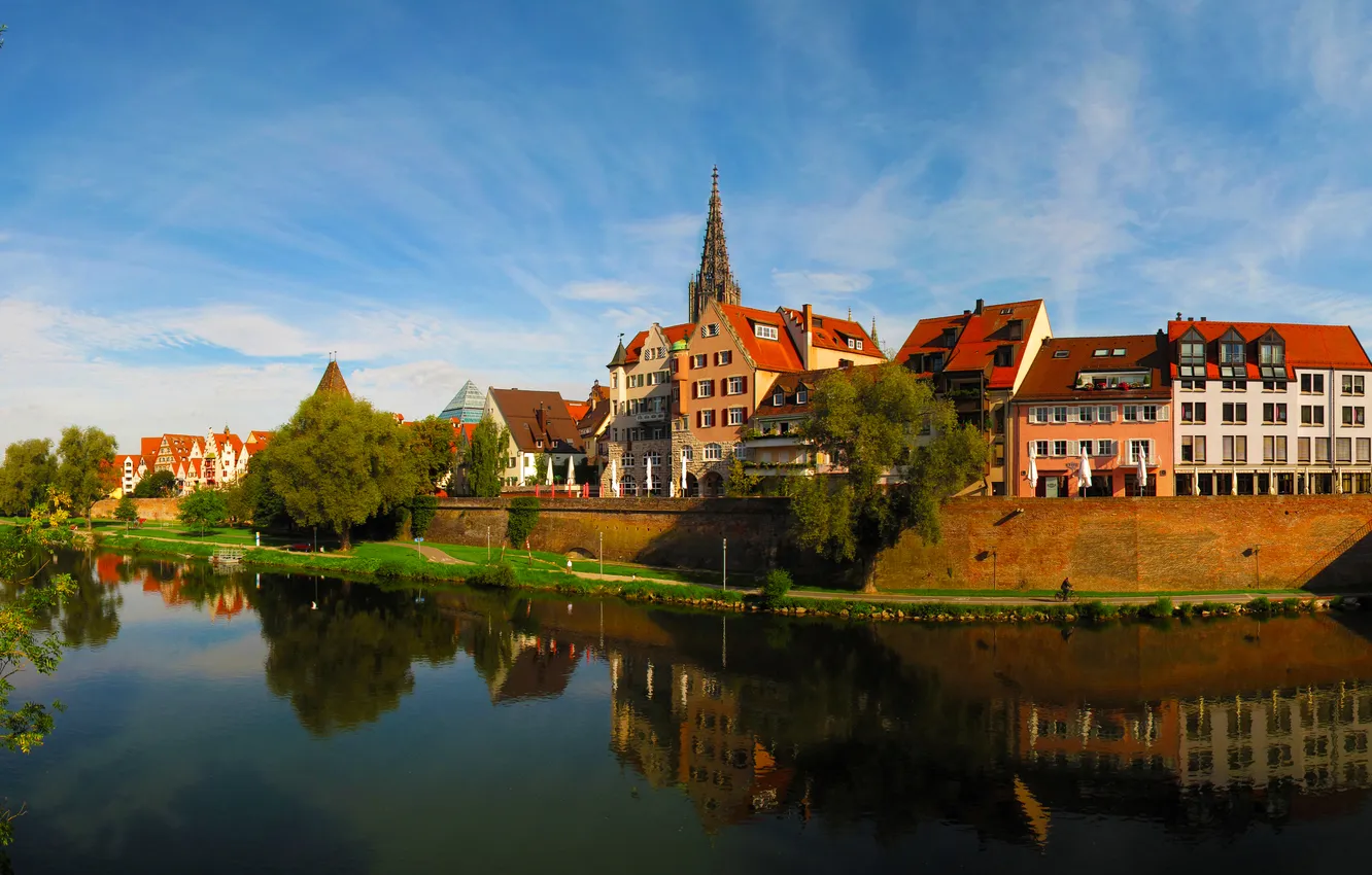Photo wallpaper the sky, water, reflection, river, home, Germany, promenade, Ulm