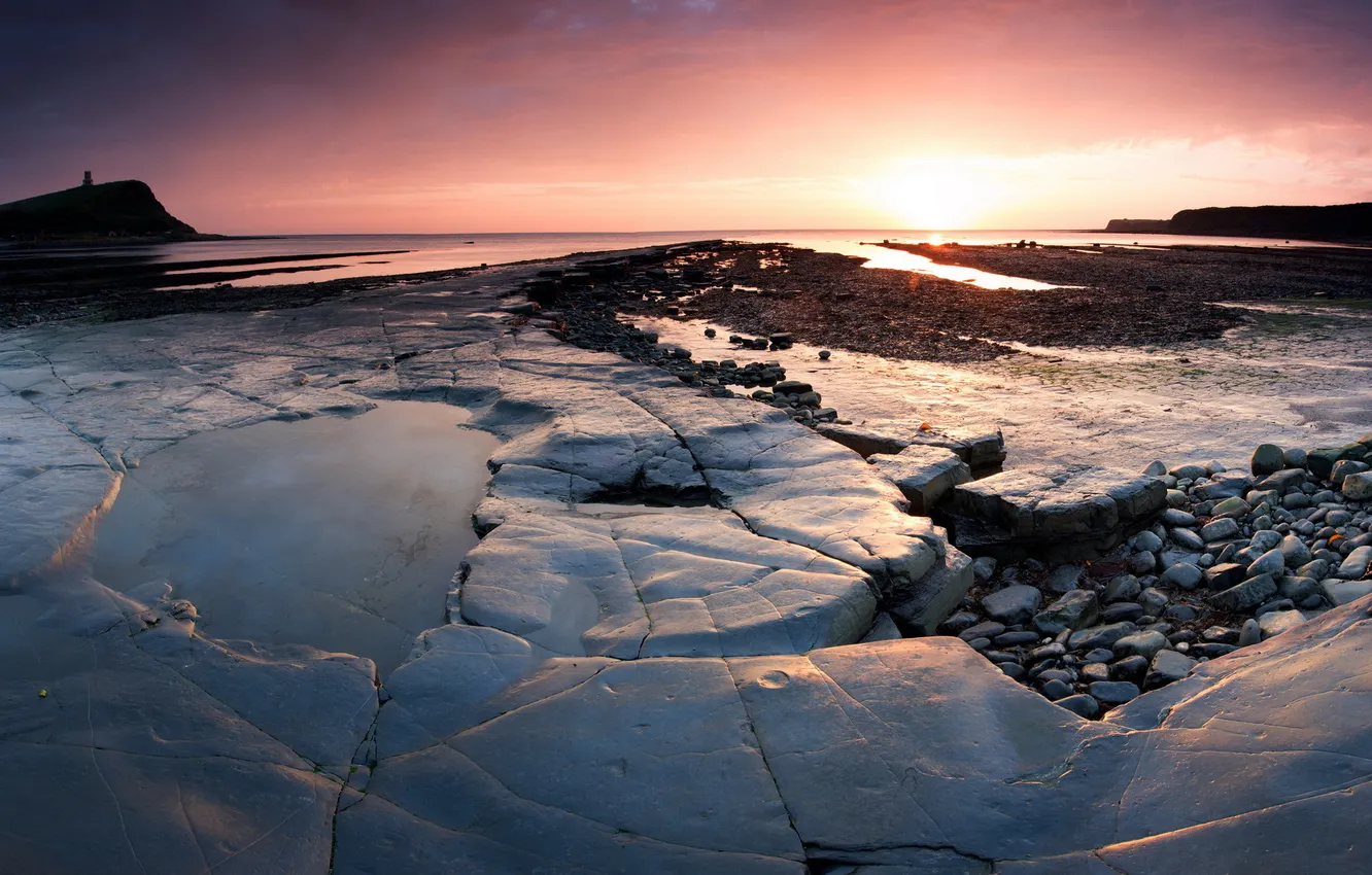 Photo wallpaper sea, landscape, sunset, rocks