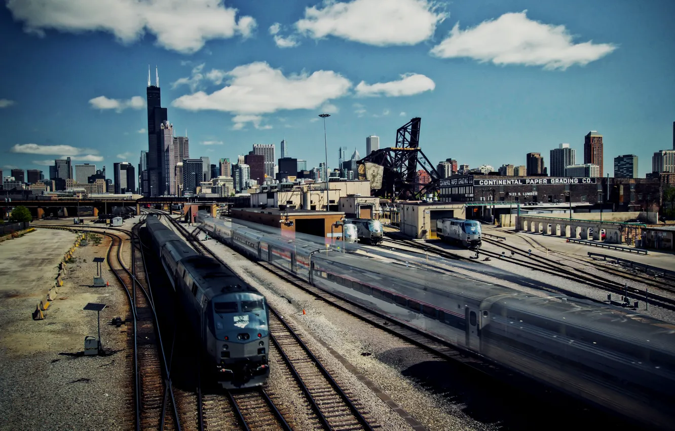 Photo wallpaper clouds, the city, skyscrapers, Chicago, railroad, trains, Illinois