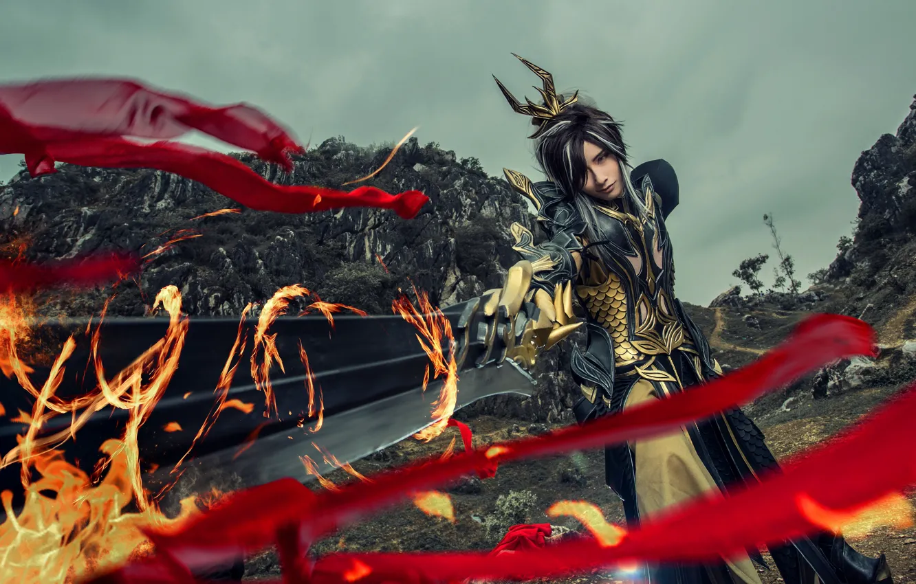 Photo wallpaper style, background, fire, sword, cosplay