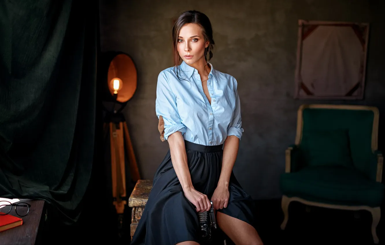 Photo wallpaper look, girl, model, brown hair, sitting, cute, Nika, George Chernyadev