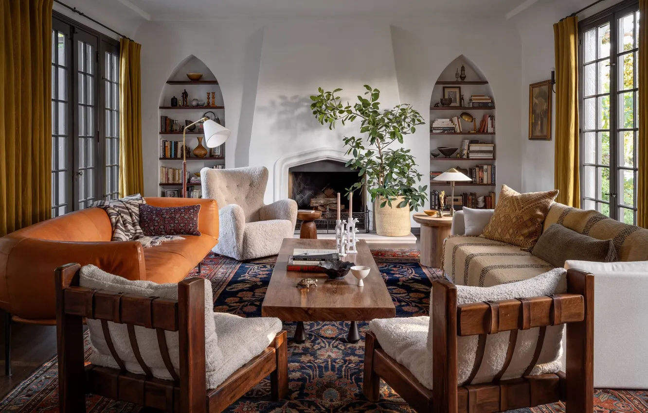 Photo wallpaper design, room, interior, fireplace, living room, upholstered furniture, spanish colonial style