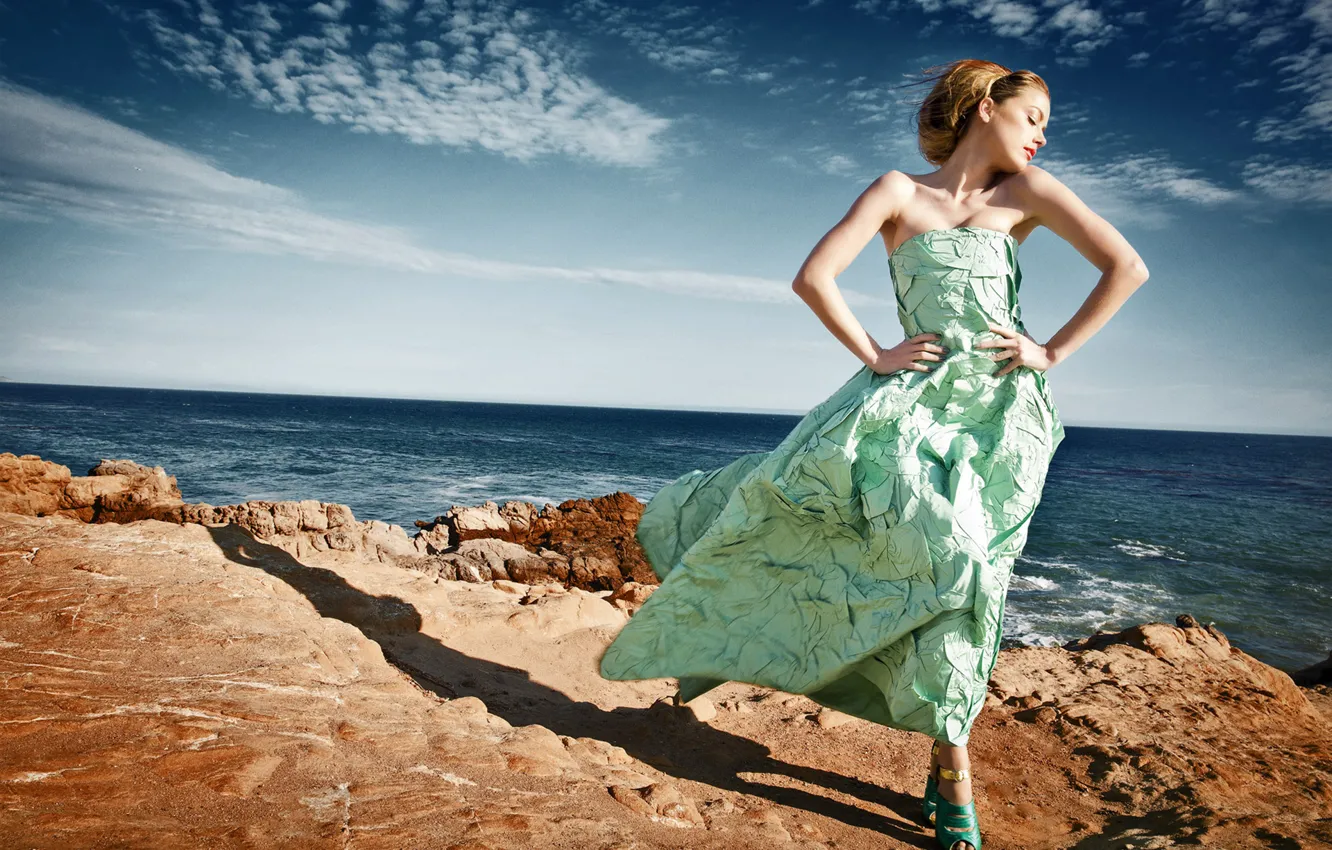 Photo wallpaper sea, the sun, landscape, pose, shore, model, dress, actress